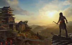 خرید Assassin’s Creed Shadows برای کامپیوتر – نمای Naoe در حال استفاده از قلاب‌گیره روی بام‌های ژاپن
